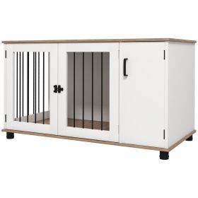 2-In-1 Dog Crate Table w/ Double Doors and Storage, Dog Cage for Medium and Large-sized Dogs, Walnut and White